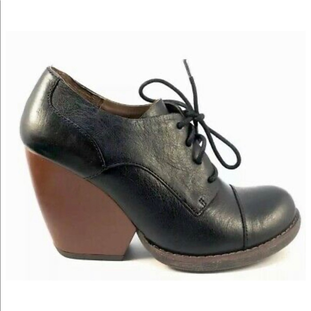 Kork-Ease Black Leather Lace-Up Ankle Boot with Brown Wedge Heel